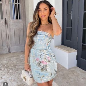 Lulus Living the Luxe Life Blue Floral Jacquard Strapless Mini Dress